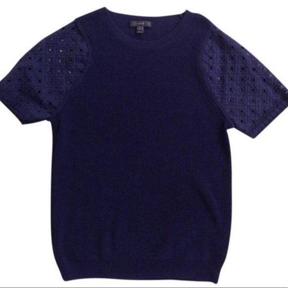J.CREW Women's Eyelet Lace Sleeve Cotton Knit Navy Short Sleeve Sweater Small - Picture 1 of 11